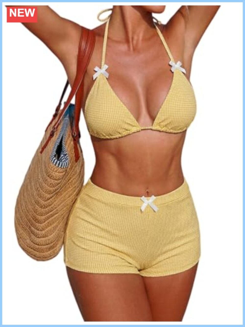 Women's Gingham Bikini Set with Shorts Adjustable Halter Triangle Swimsuit